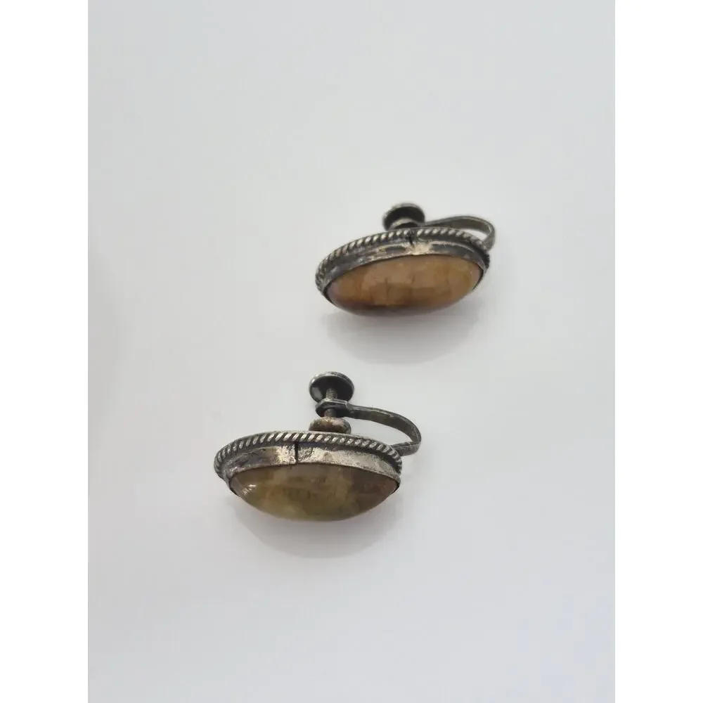 Vintage Sterling Silver Tiger Eye Oval Screw On Earrings